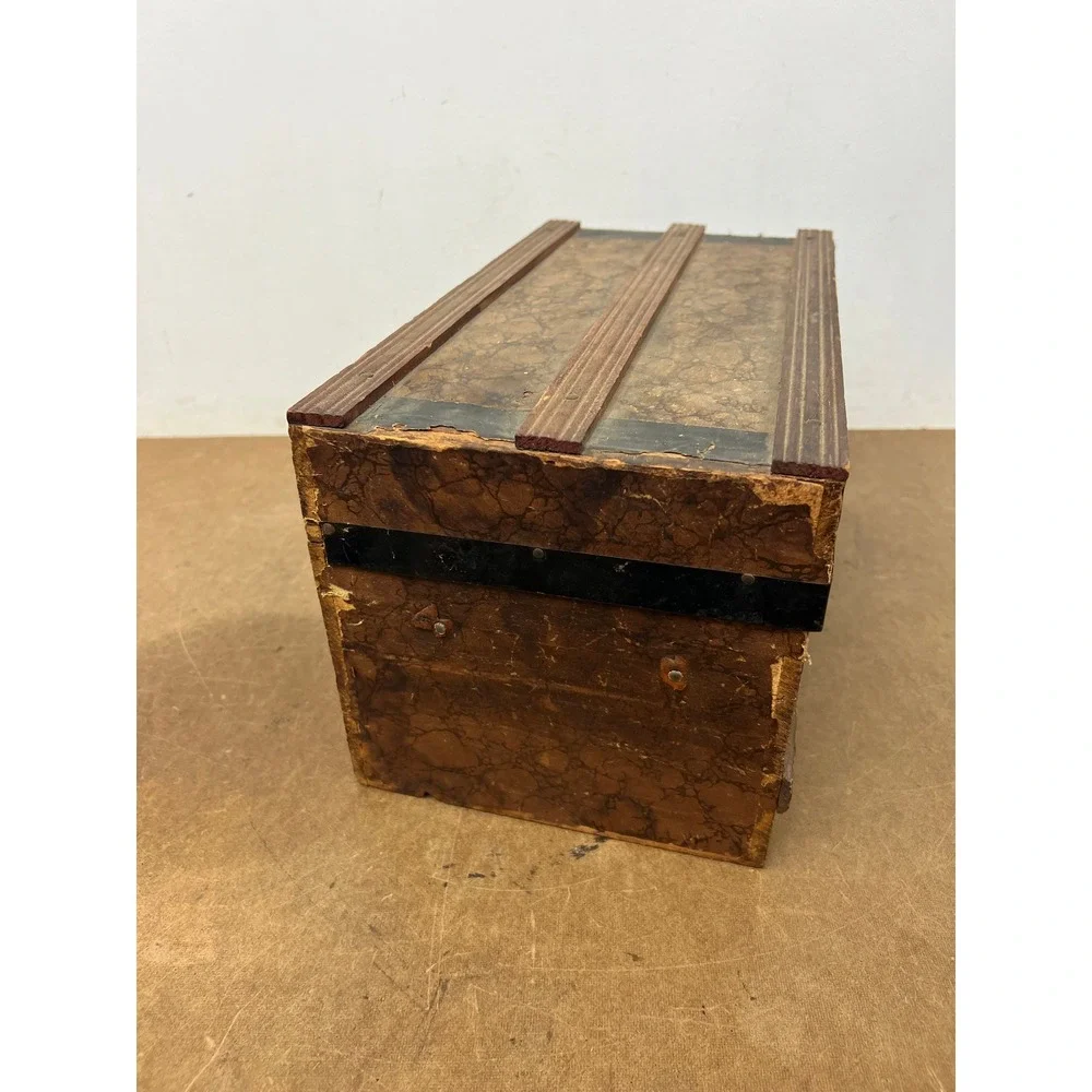 Antique Dollhouse Steamer Trunk w Tray Miniature Wood Slat Chest Vintage Box Old